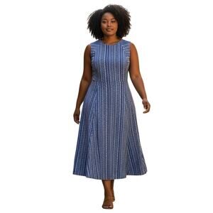 Anne Klein Chicory Elegant Blue White Sleeveless A Line Midi Dress Size 14